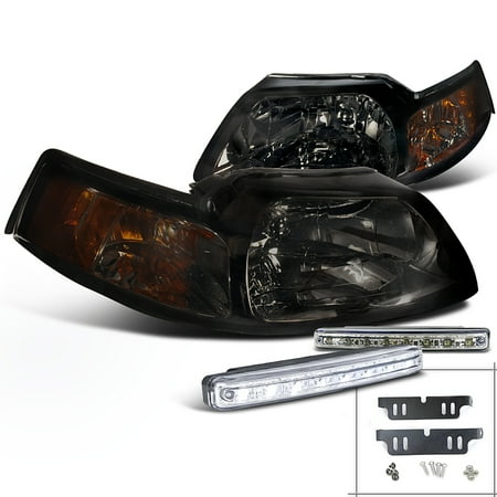 Mustang 5.0 Coupe - Spec-D Tuning For 1999-2004 Ford Mustang Coupe Convertible, Smoked Lens Headlights, Led Fog Lamp Set (Left+Right) 1999 2000 2001 2002 2003 2004