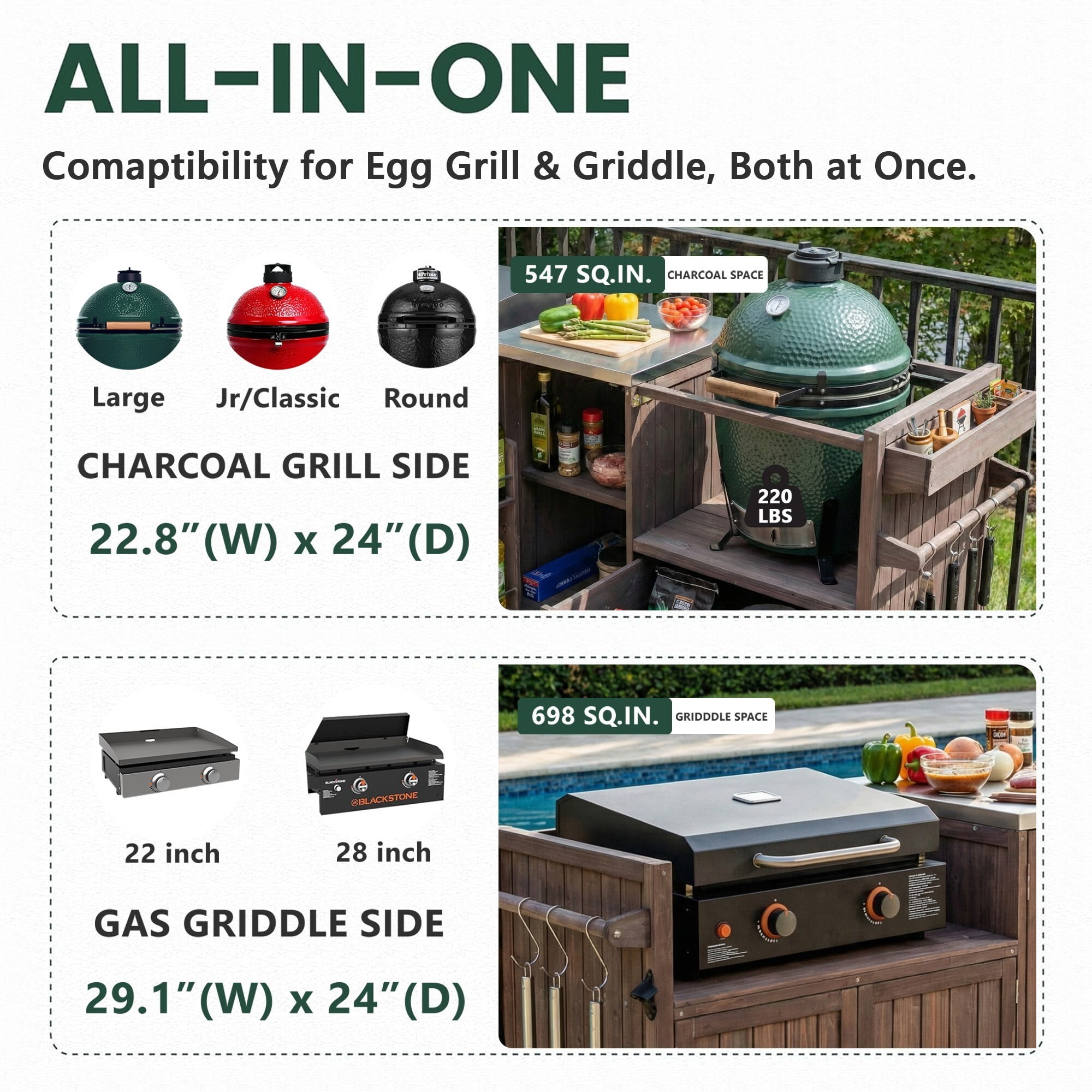 AENKYO 80.5" Outdoor Kitchen Island for Big Green Egg & Blackstone, Wood Grill Cart with Stainless Steel Top, Dark Brown