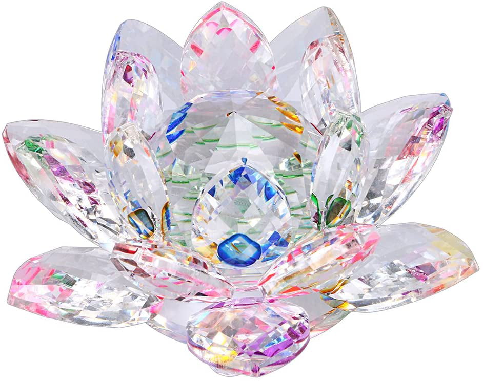 5"/130mm FengShui Crystal Lotus Glass Flower Paperweight Home Office Decoration 