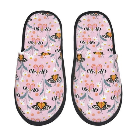 Balery Pink Butterfly Daisy Slient Indoor Furry Fleece Comfort House Shoes Soft Non-Slip Home Shoes Cotton slippers House Slippers-- Medium