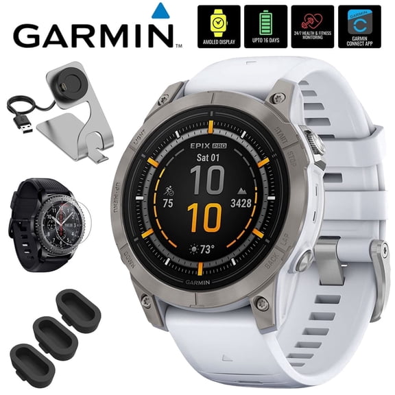 Garmin Epix Pro (Gen 2), 47mm, Sapphire, Titanium, Whitestone 010-02803-20 Bundle with Deco Essentials Charging Dock, 3 Pack Silicone Dust Cover and Round Tempered Glass Screen Protector