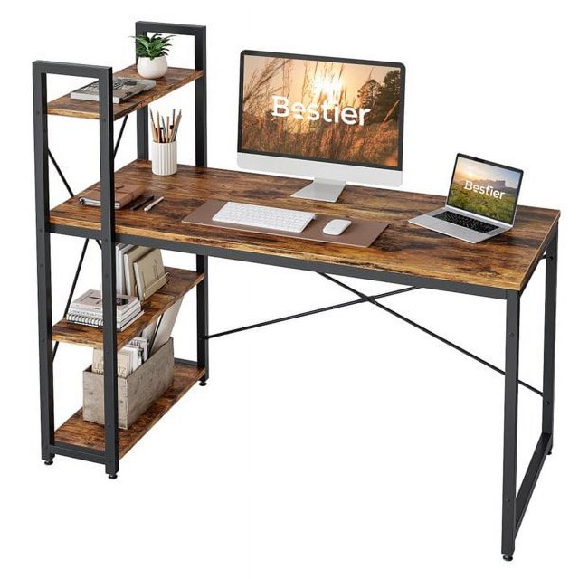 Bestier 55 inch Computer Desk with 4-Tier Shelves Craft Table Writing Study Table, Rustic Brown