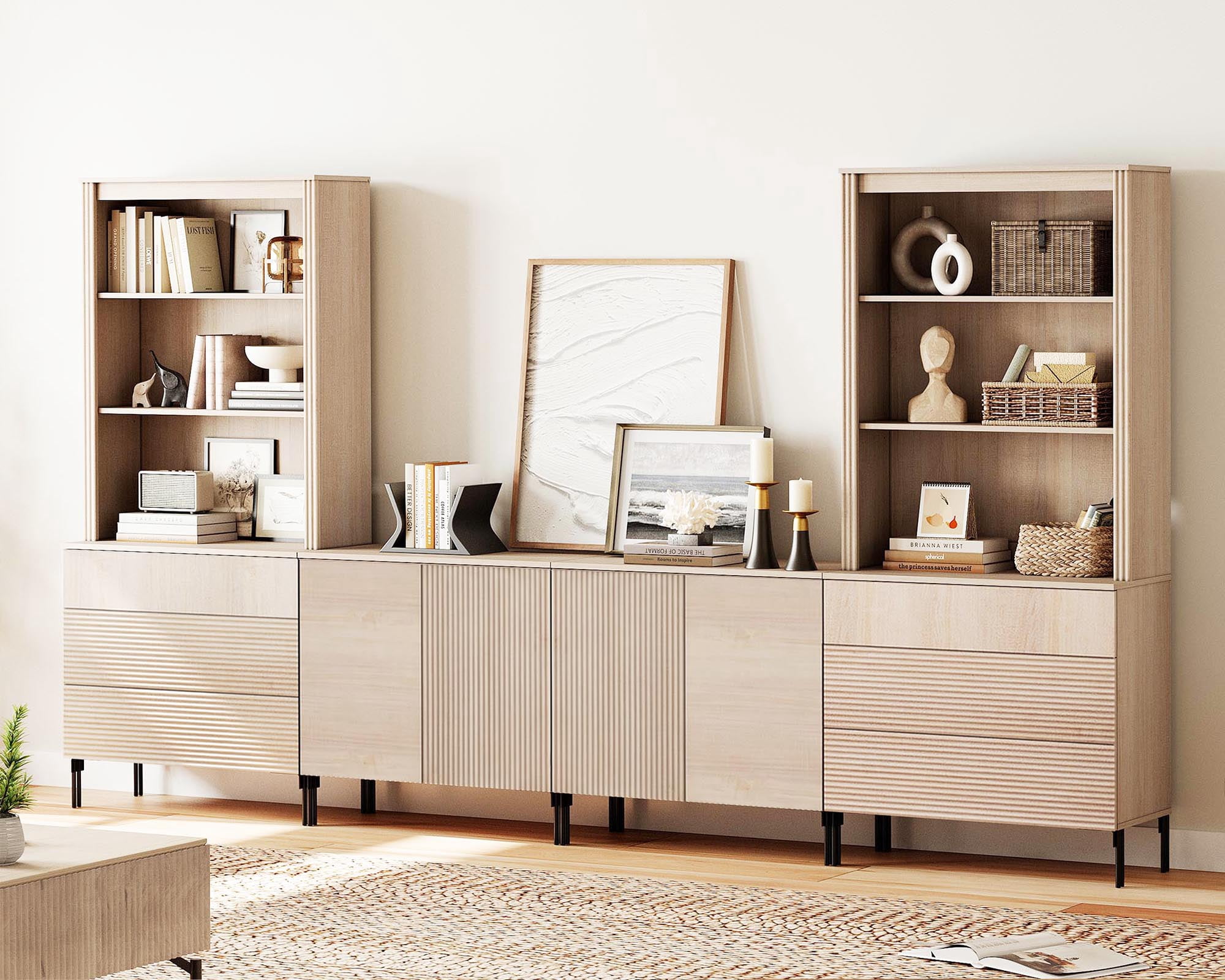 Modern Fluted TV Stand with Bookshelves for Tvs up to 75", Large Entertainment Center with Storage Cabinet, 10-Tier TV Console with Drawers and Adjustable Shelves For Living Room, Bedroom
