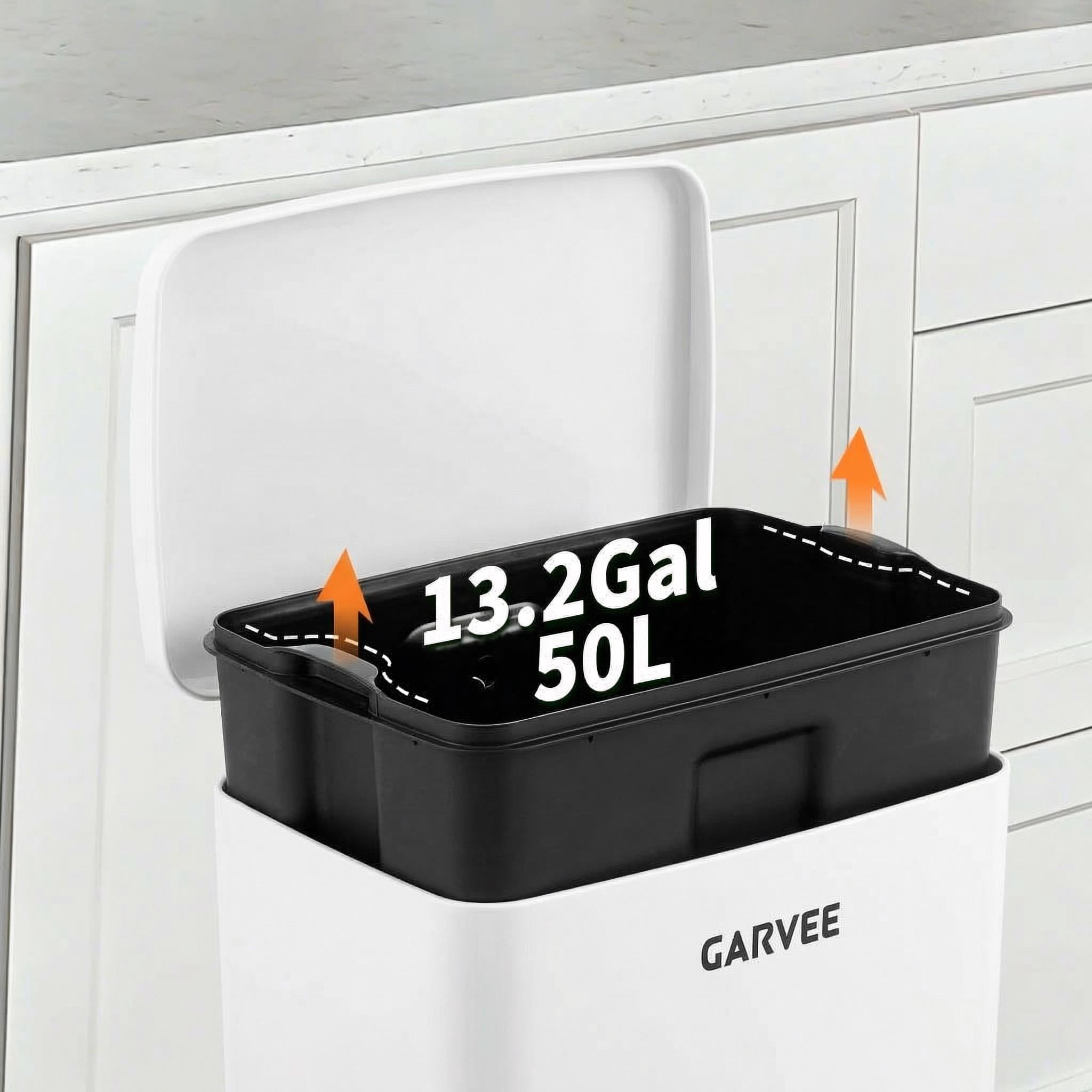 Garvee Kitchen Trash Can, 13 Gal / 50 L Stainless Steel Large Garbage Can with Quiet Soft-Close Lid, Step-on Kitchen Metal Trash Bin with Removable Inner Bucket for Living Room Office Garage,White