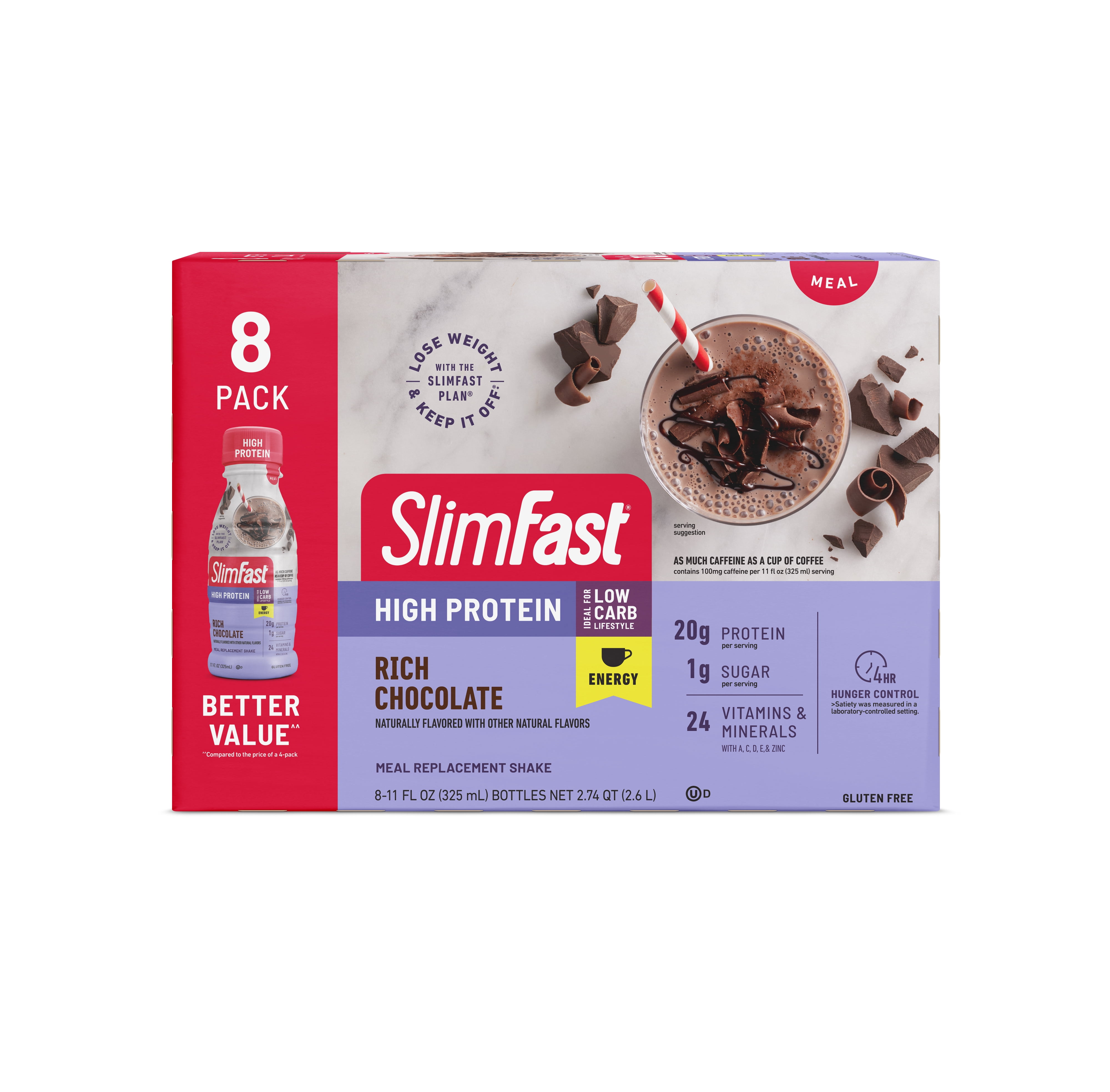 SlimFast High Protein with Energy, Meal Replacement Shakes, Rich Chocolate, 8 Ct