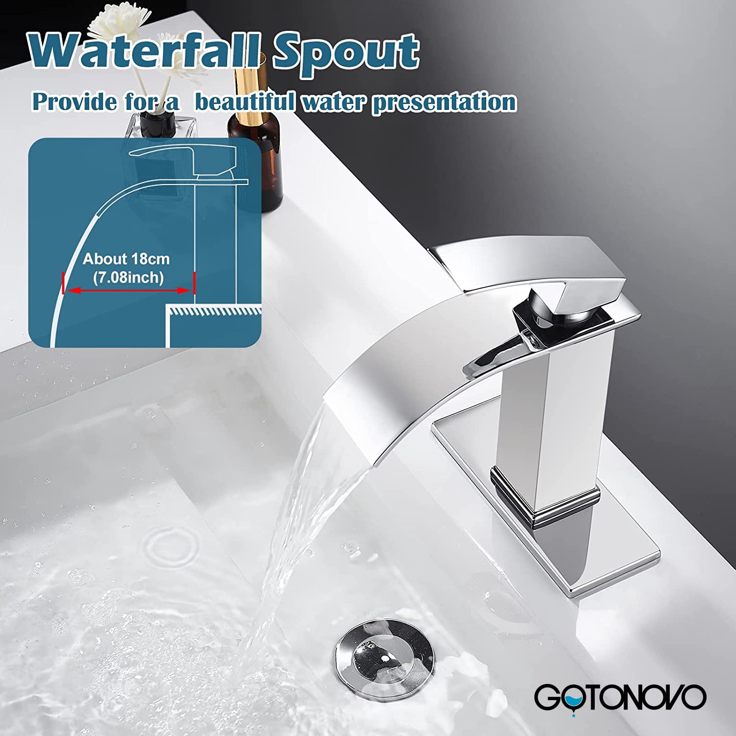 gotonovo Waterfall Spout Bathroom Sink Faucet Polish Chrome Single Handle 1 Hole Deck Mount Basin Mixer Tap with Deck Plate Lavatory Vanity Sink Faucet Solid Brass Include Pop Up Drain with Overflow