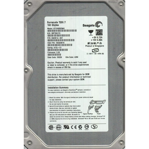 ST3160023AS, 3MT, AMK, PN 9W2814-007, FW 3.00, Seagate 160GB SATA 3.5 Hard Drive