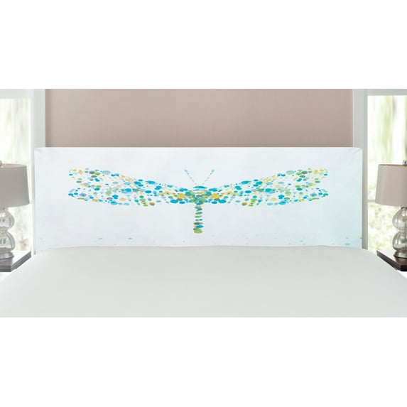Dragonfly Headboard, Macro Futuristic Digital Winged Bug Made Spots and Dots Insect, Upholstered Decorative Metal Bed Headboard with Memory Foam, King Size, Blue Green, by Ambesonne