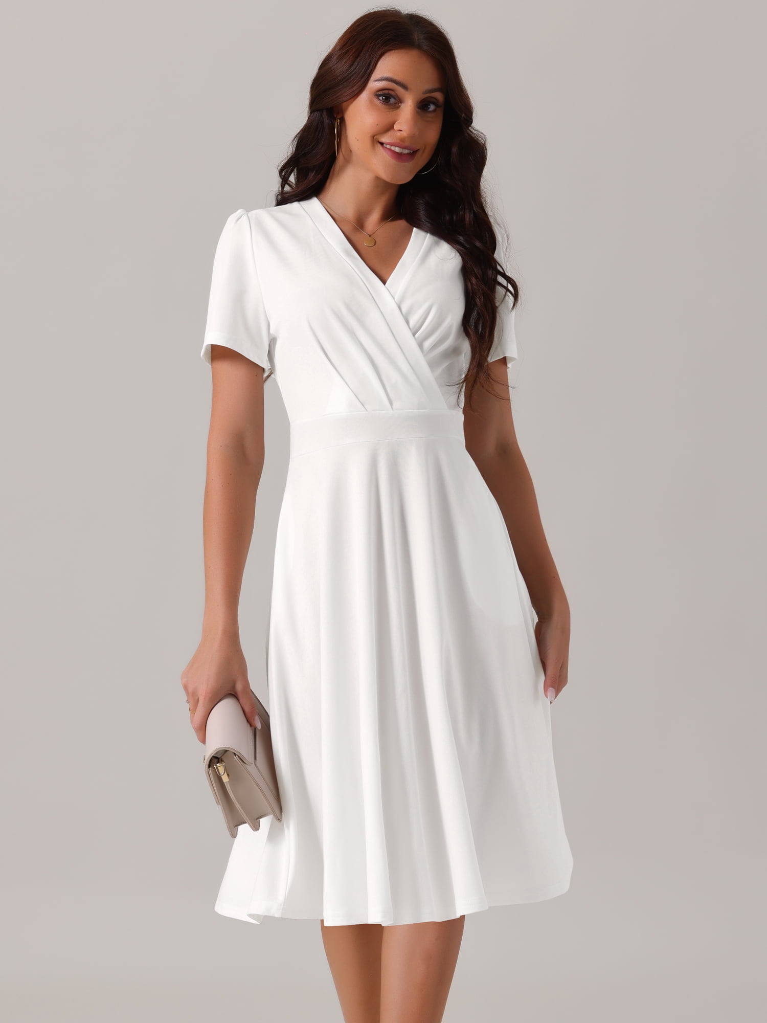 Unique Bargains Women's Summer Wrap V Neck Puff Short Sleeve Midi Swing Dress M White
