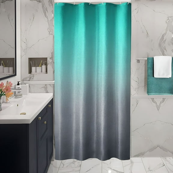 AUQ Small Stall Shower Curtain 36 x 72,Narrow Teal Grey Ombre Shower Curtain for Bathroom,Waffle Weave Fabric Shower Curtain Set with Hooks,Water Repellent,Machine Washable