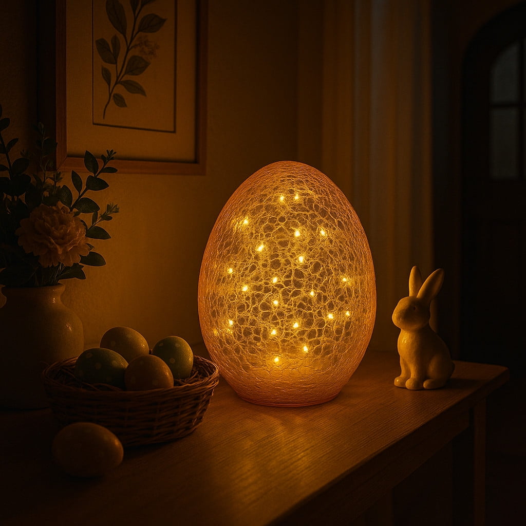 6 Inch LED Lighted Easter Egg Decor, Crackle Glass Illuminated Egg with Warm White Fairy Lights, Battery Operated Spring Table Centerpiece Pink