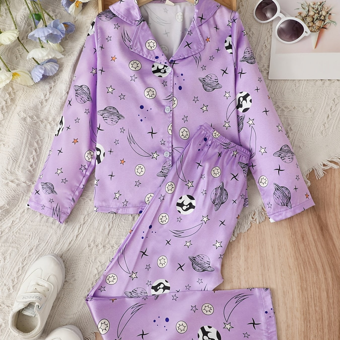 Girls Satin Star Print Pajamas Set Long Sleeve Shirt Matching Pants Set Lounge Wear Homewear Kids Clothes