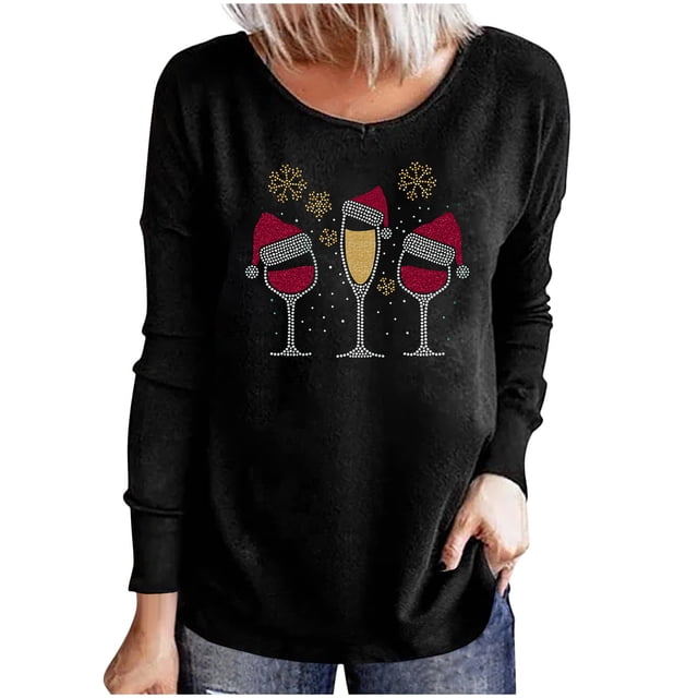 Pompotops Ladies Fashion Casual Christmas Print Round Neck Loose Long Sleeve Top