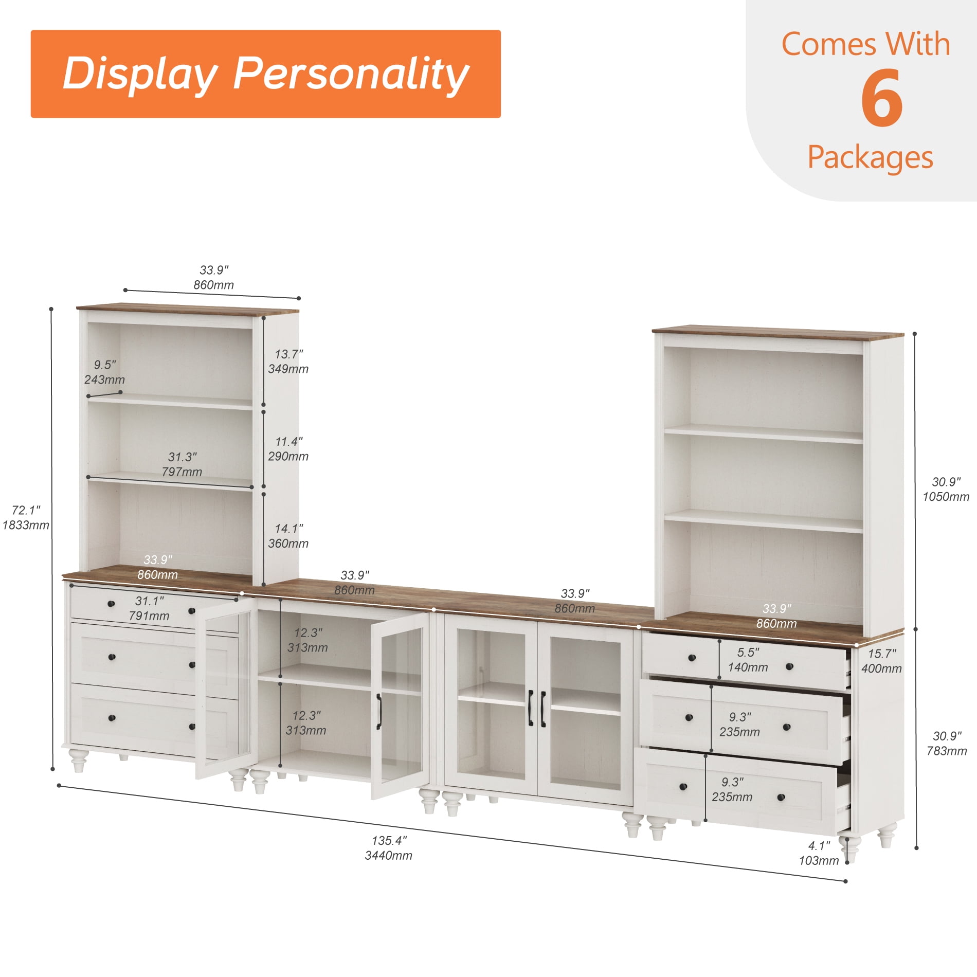 Entertainment Center with Bookshelves with Glass Doors & Drawer, Farmhouse Wall Unit TV Stand for TVs up to 75", Media Console Table for Living Room, Bedroom & Home Theater, White
