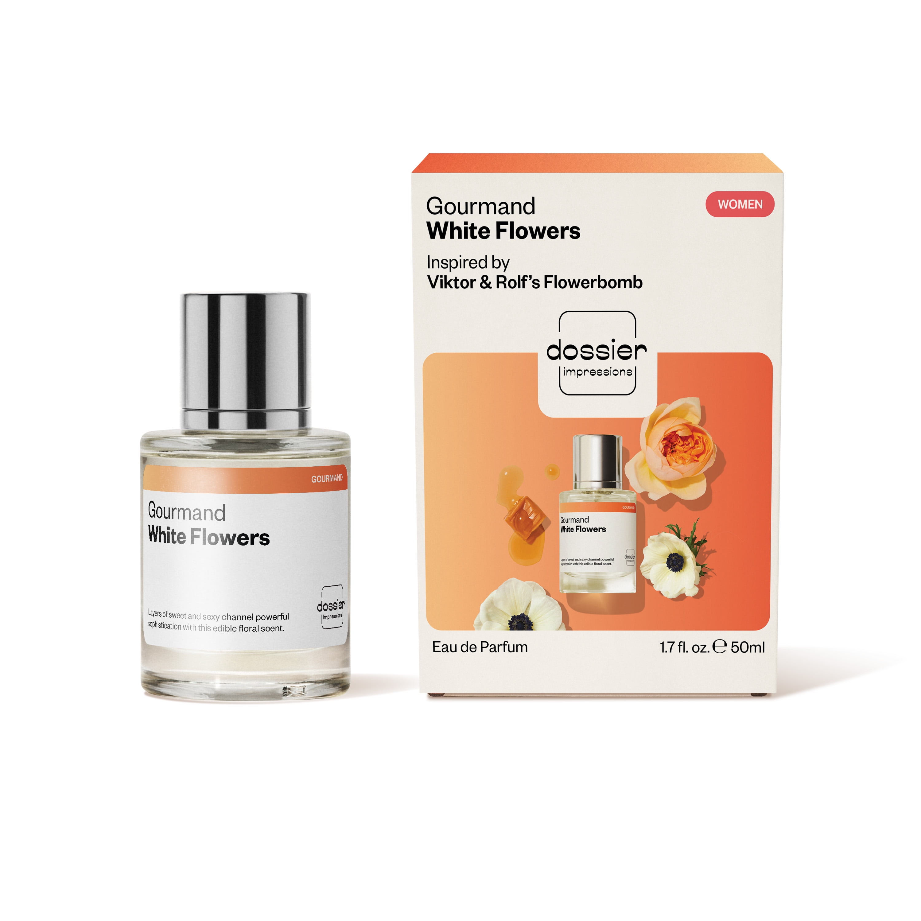 Dossier Gourmand White Flowers Eau De Parfum, Inspired by Viktor&Rolf's Flowerbomb, Perfume for Women, 1.7 oz