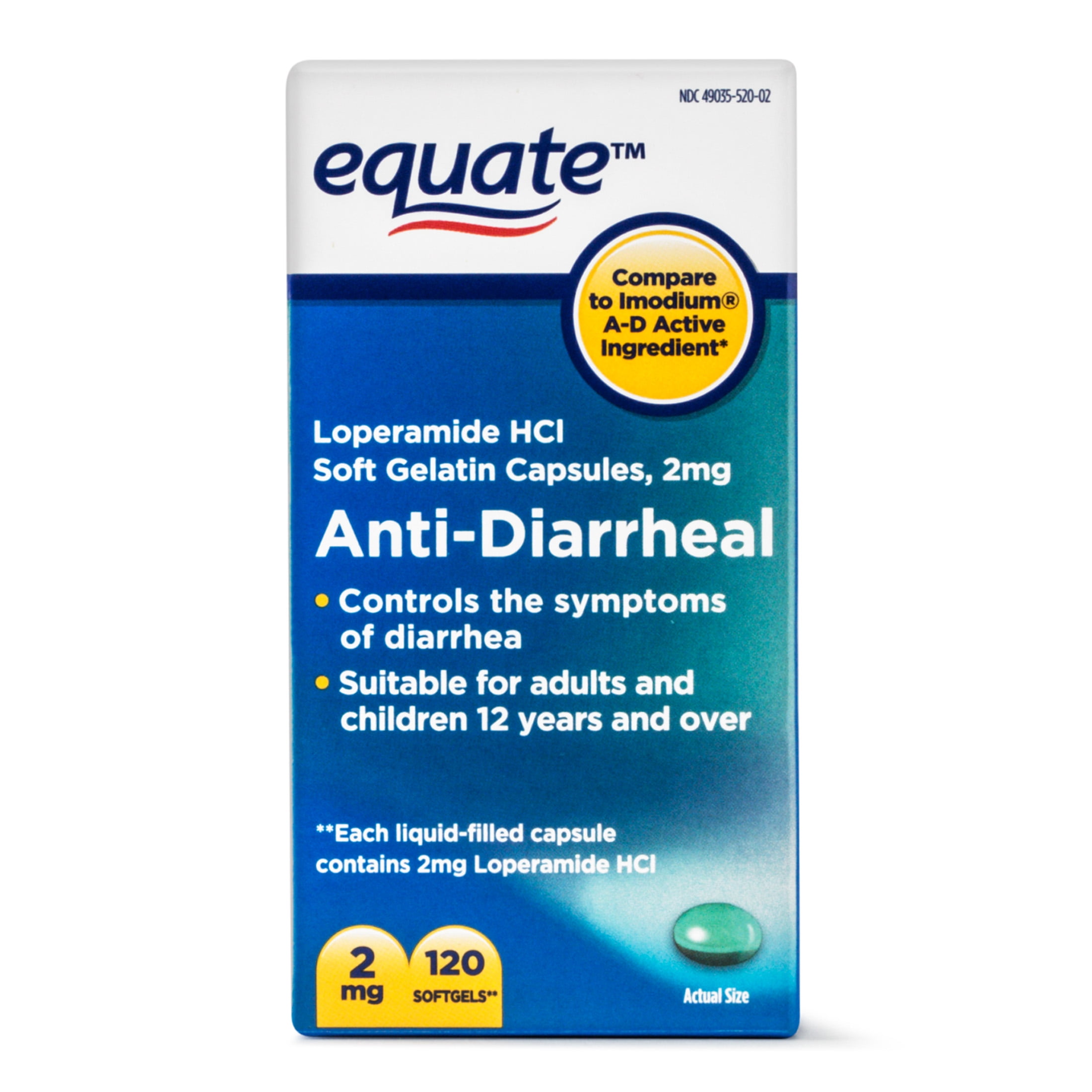 Equate AntiDiarrheal Loperamide Hydrochloride Softgels, 2 mg, 120 Ct