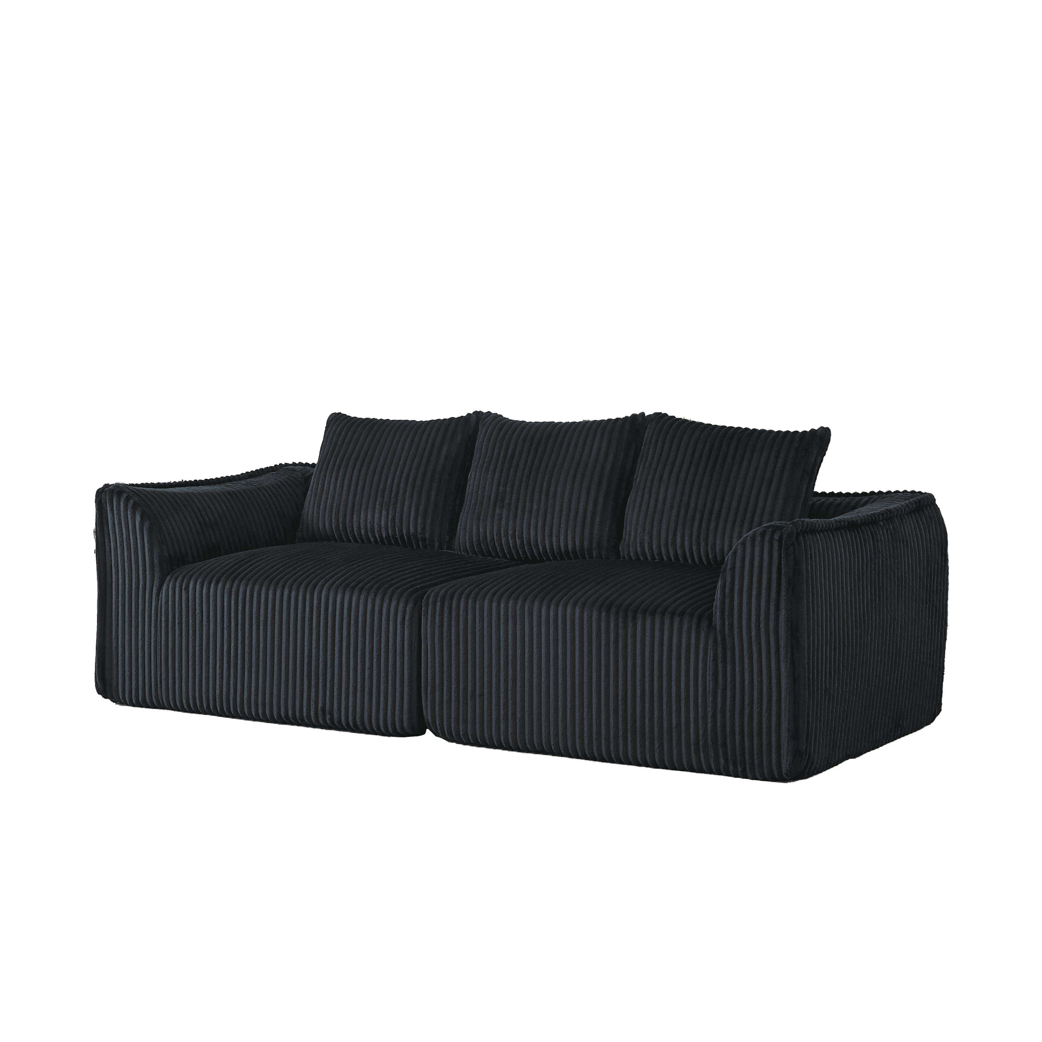 Leumius Corduroy Sofa for Living Room, Boneless Loveseat Couch with Gently Sloped Backrest and 2 Pillows,No Assembly,Black(3 Seat)