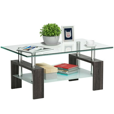 Wood Tempered Glass Top Coffee Table Rectangular w/ Shelf Home Furniture