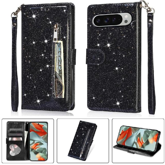 Case for FOXDOCK Google Pixel 9 Pro XL Glitter Zipper Wallet Case with Short Hand Strap