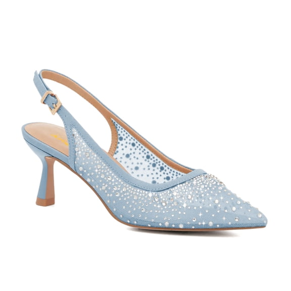 XYD XYD Women Pointy Toe Slingback Pumps Rhinestones Studded Mesh Low Heels Party Evening Shoes Size 7 Blue