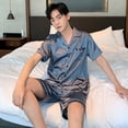 thumbnail image 5 of Pijama tipo cárdigan con solapa de seda de hielo de verano para hombre, pantalones cortos sencillos de manga corta, traje de color sólido, ropa para el hogar, 5 of 5