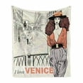 thumbnail image 1 of Venice Soft Flannel Fleece Throw Blanket, Young Fashion Girl on Bridge over the Canal with Gondolas Sketch Art Italy City, Cozy Plush for Indoor and Outdoor Use, 50" x 70", Multicolor, by Ambesonne, 1 of 6