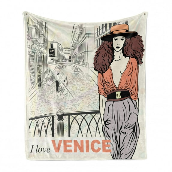Venice Soft Flannel Fleece Throw Blanket, Young Fashion Girl on Bridge over the Canal with Gondolas Sketch Art Italy City, Cozy Plush for Indoor and Outdoor Use, 50" x 70", Multicolor, by Ambesonne
