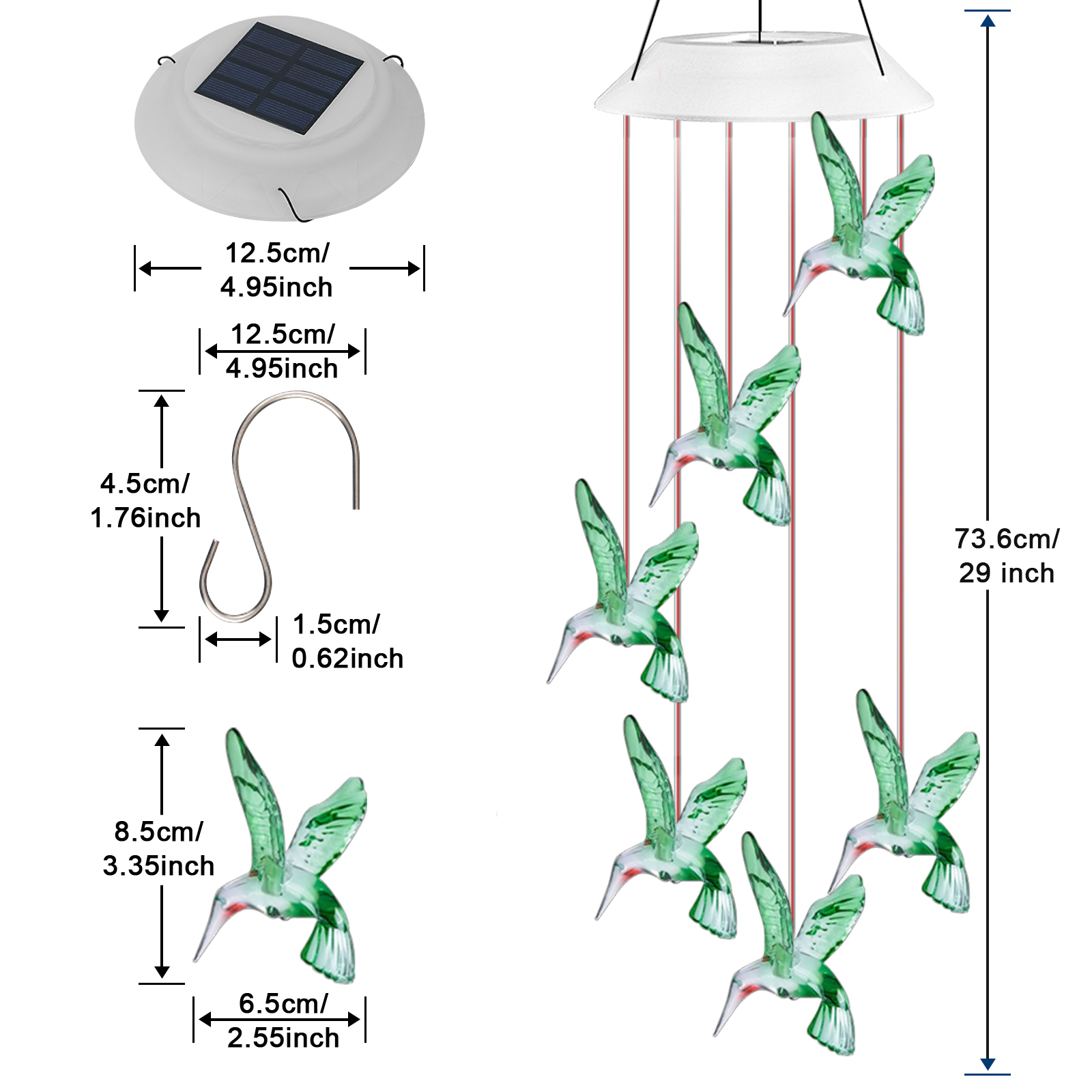 Qoosea Solar Hummingbird Wind Chimes LED Changing photo 2