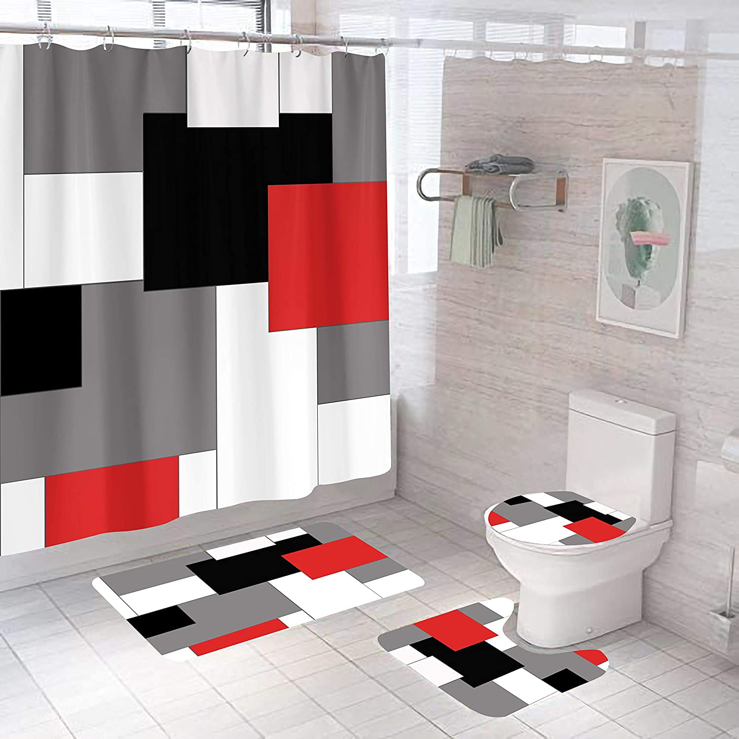 Roblox 4PCS/Set Bathroom Shower Curtain Non-Slip Rug Toilet Lid Cover Bath Mat 