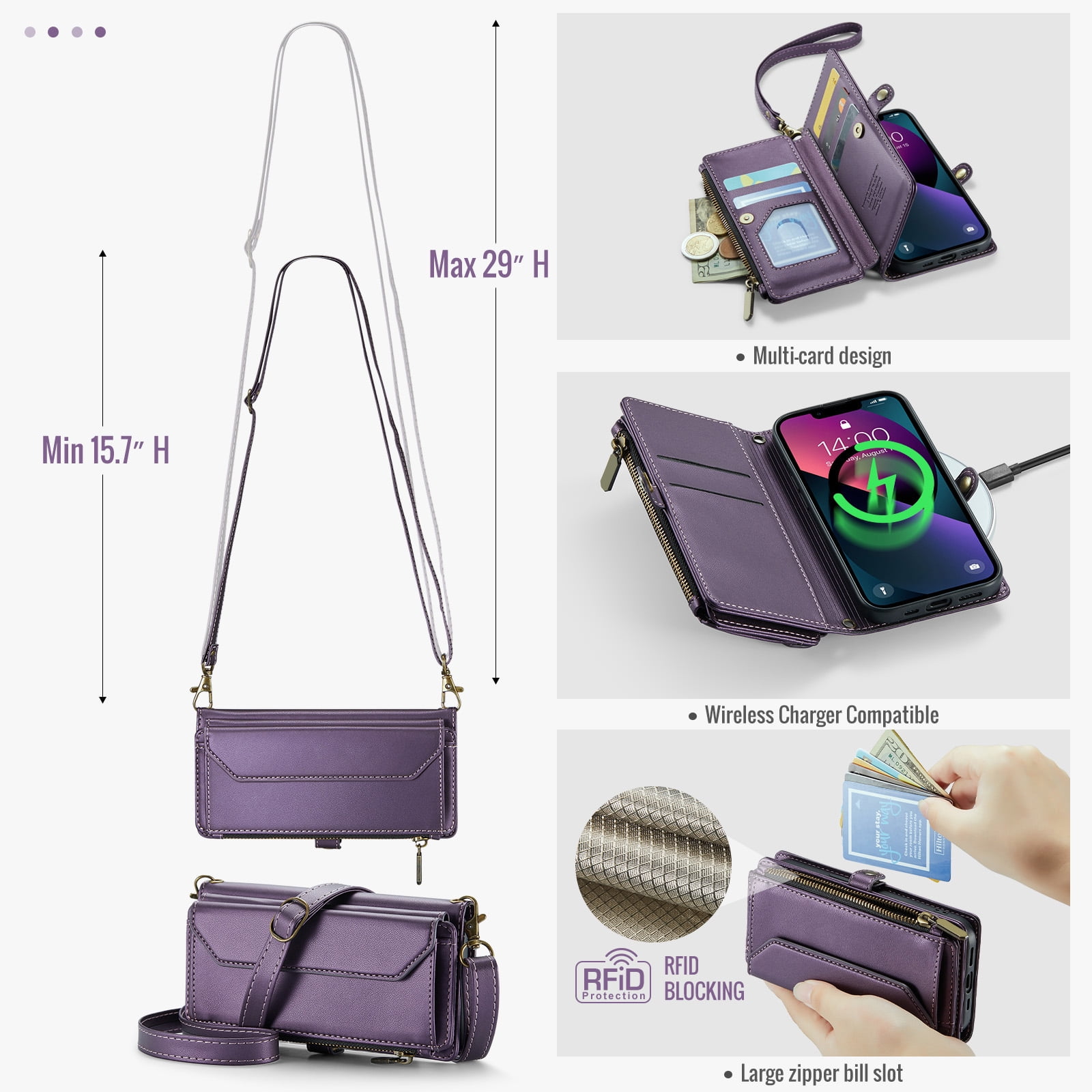 Compatible with iPhone 15 Plus 6.7 inch Zipper Wallet Phone Case Tempered Glass Screen Protector Crossbody Lanyard Strap Flip Card Holder Slot Cell Cover for i Phone15 15+ i15 + 15Plus Women Purple