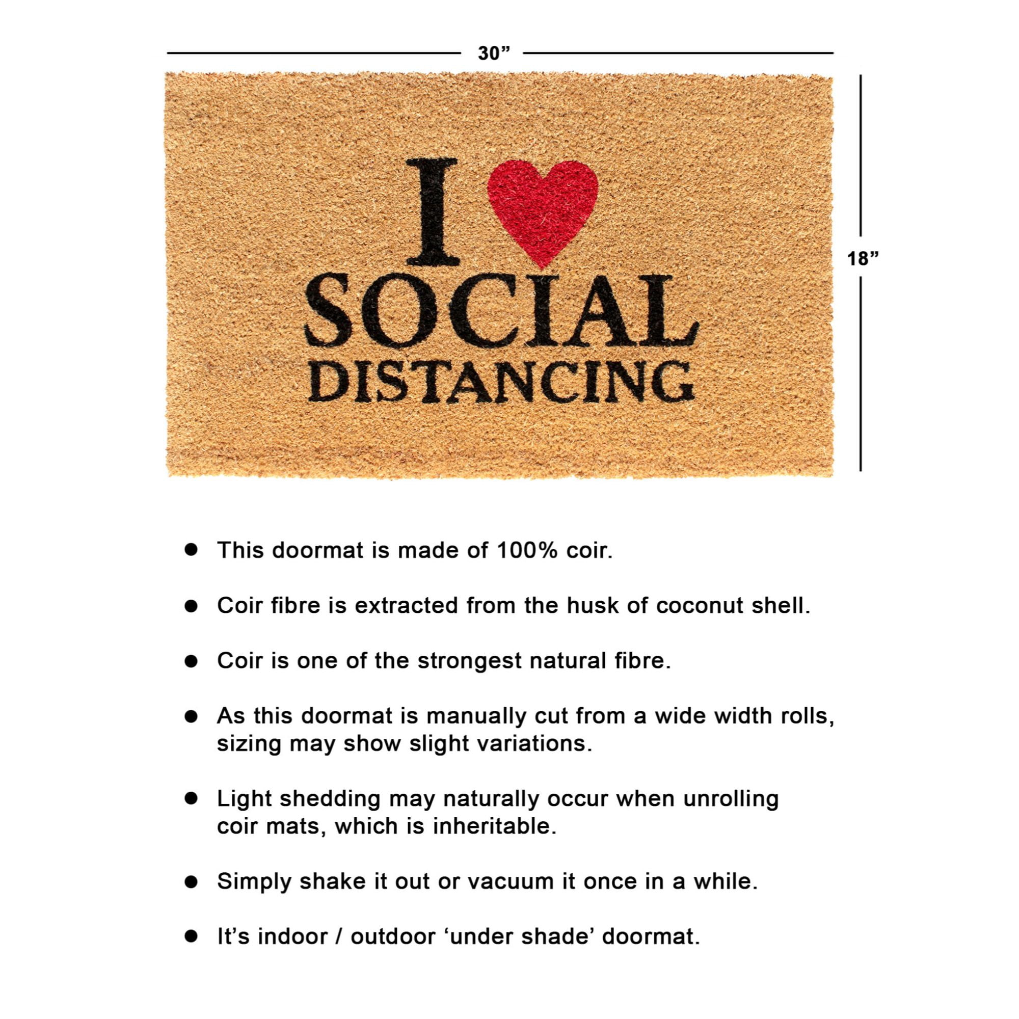 RugSmith Black Machine Tufted I Love Social Distancing Doormat, 18" x 30"