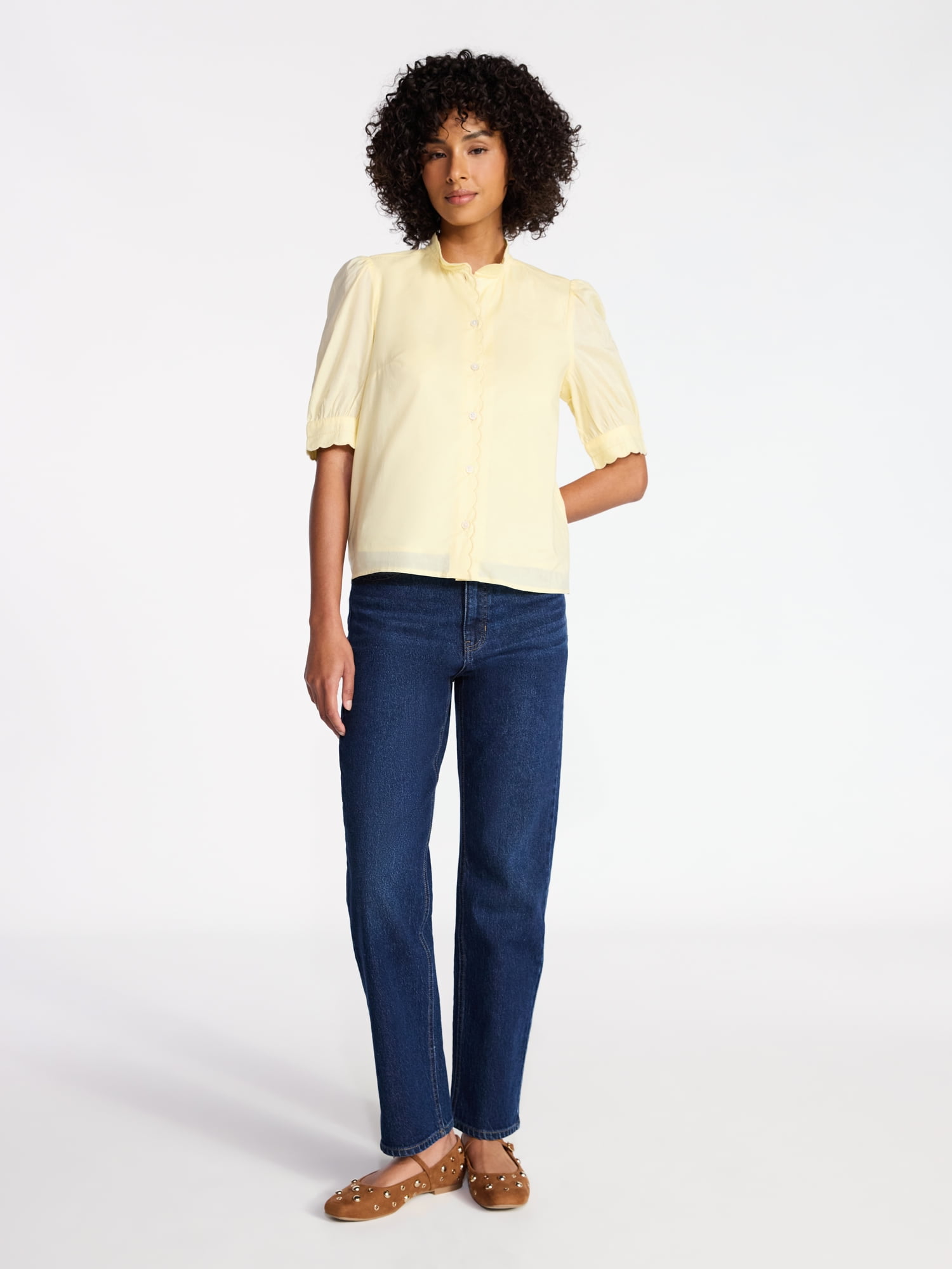 Time and Tru Women's Cotton Scalloped Edge Blouse with Short Sleeves, Sizes XS-XXXL