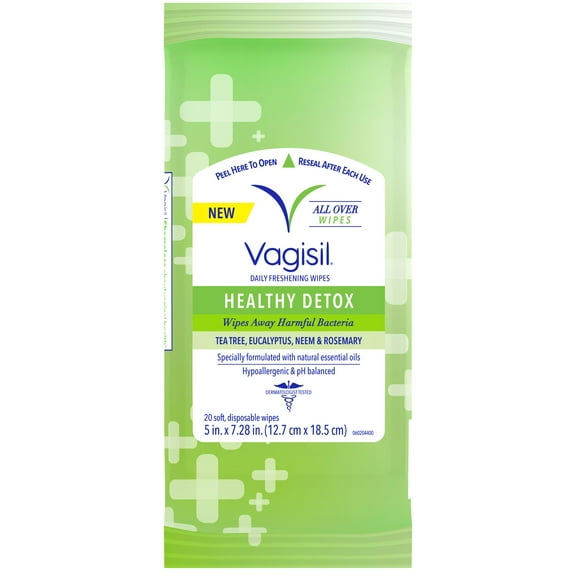 Vagisil Wipes for All Over Cleaning, Healthy Detox, Essential Oils, Re-Sealable, 20 Count, Pack of 1