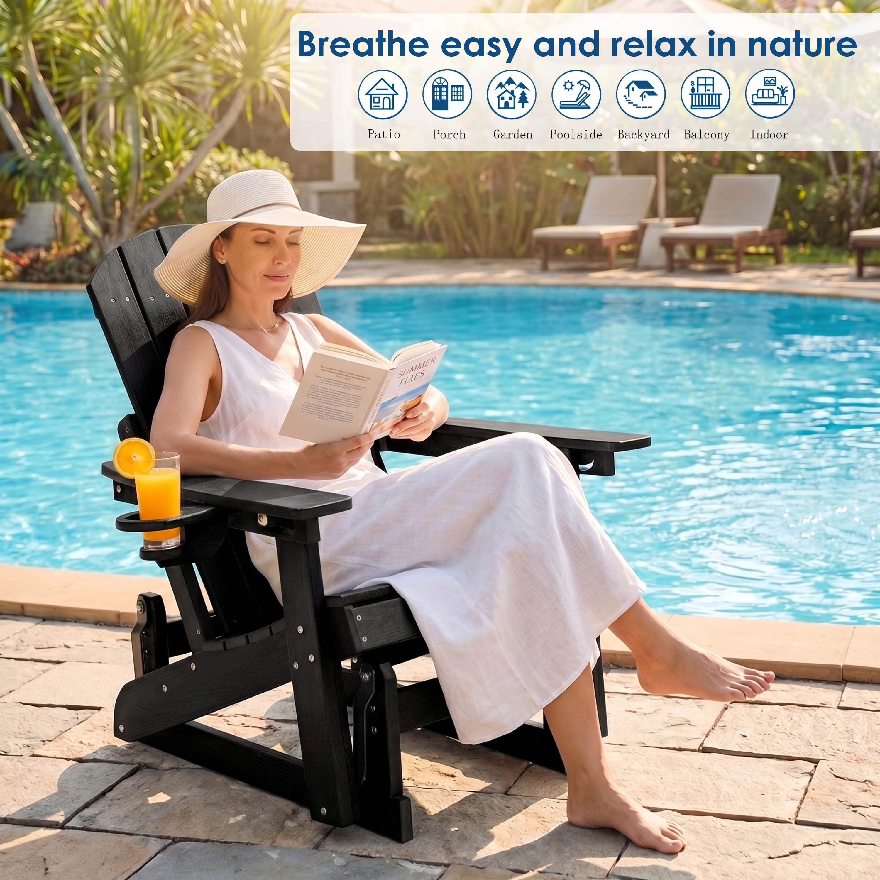 DEAUL HDPE Adirondack Outdoor Glider Chair, 3-Position Adjustable Backrest Patio Glider Rocker, All-Weather Heavy Duty Rocking Chair for Pool, Yard, Black (1 Pack)