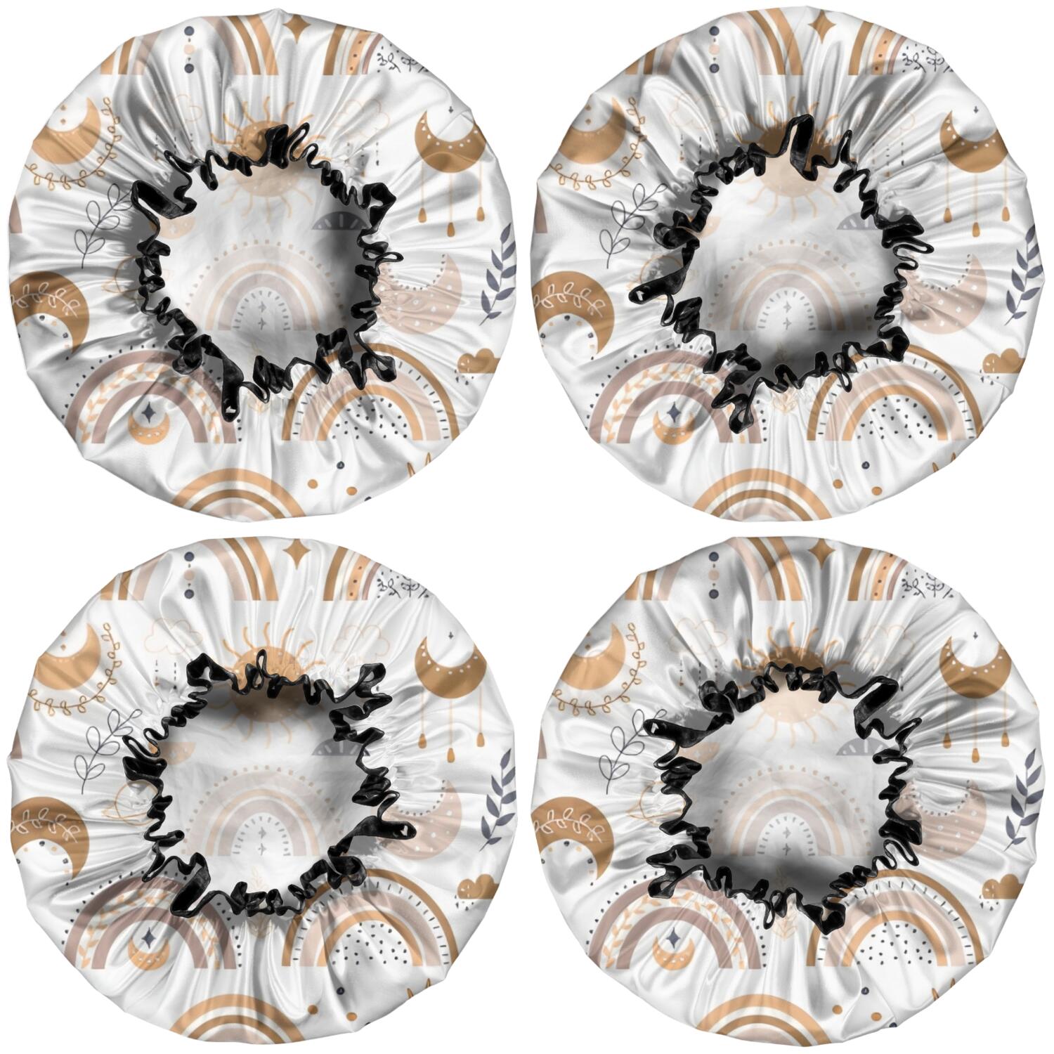 Shower Caps,White Boho Bohemia Rainbow Sun Moon Pattern Waterproof Shower Cap for Women 4 Pieces,Double Reusable Hair Cover for Shower PEVA Elastic Stretch Hem