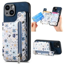 Feishell Zipper Wallet Case for iPhone 15 Pro Max with Card Holder, Floral Flower Pattern PU Leather Phone Case for Women Girls, RFID Blocking & Kickstand Shockproof Protection Cover, Blue