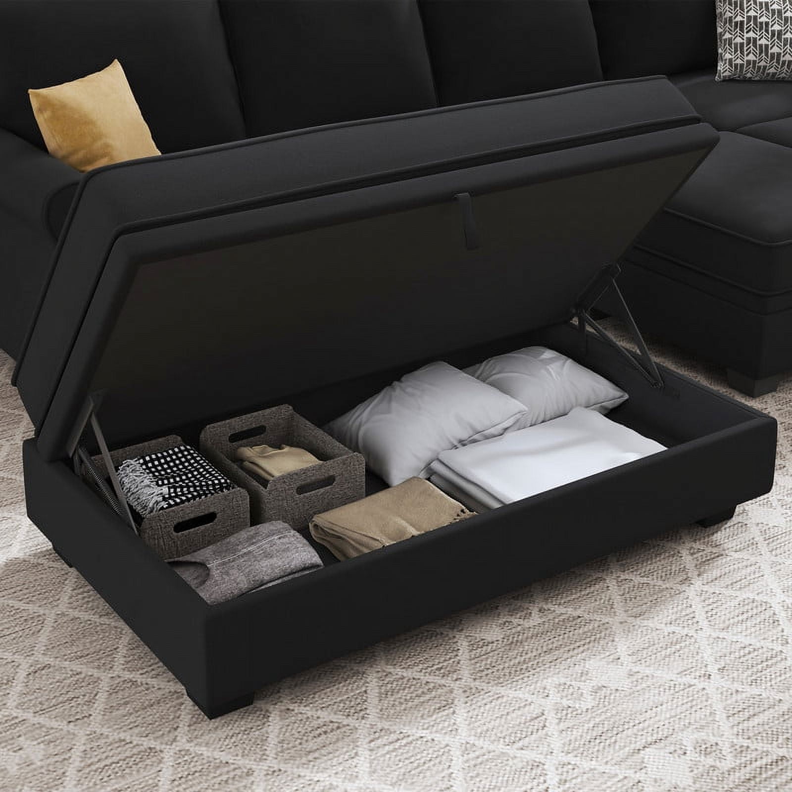 HONBAY 102.4" Upholstery Convertible Sofa Bed with Storage for Living Room Furniture Sets in Black