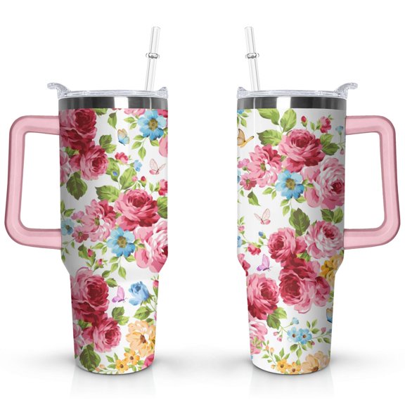40oz Pioneer Tumbler with Handle Lid and Straw,Colorful Floral Tumblers Gifts for Women Girls Men Adults（Pink）
