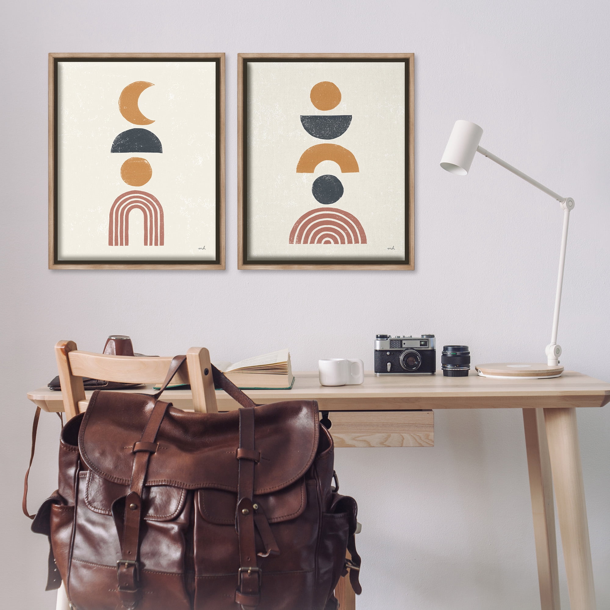 Stupell Industries Sun and Moon Bohemian Symbols Abstract Painting Brown Floater Framed Canvas Art Print Wall Art, 25 x 31, Set of 2