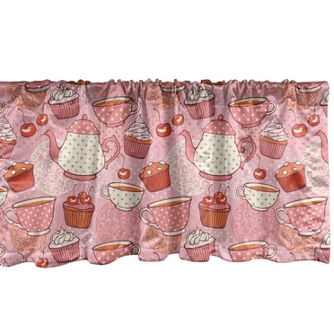 Ambesonne Polka Dots Window Valance, Teapots Cups Cakes, 54" X 18", Pink Orange and Red
