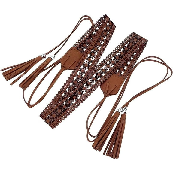 66.54 x 1.12 Inch PU Leather Boho Tassel Belt Vintage Hollow Knotted Waistband with Wax Rope Western Ethnic Macrame Waist Belt for Women Dress Skirt (Coconut Brown)