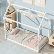 Euroco Twin Wood House Bed Frame with Roof, White