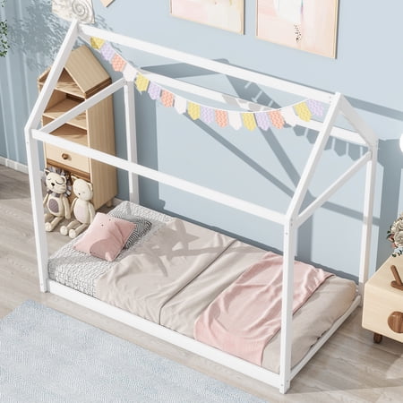 Euroco Twin Wood House Bed Frame with Roof, White