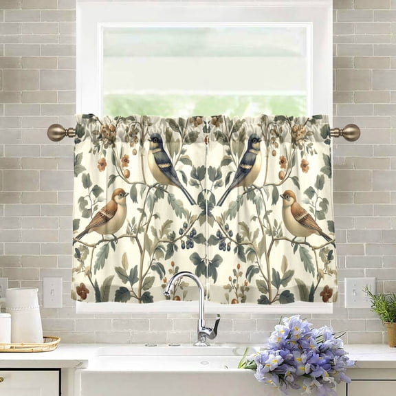 Yayeee Kitchen Curtains Tier Pair Light Filtering 27"x24" Rod Pocket Short Cafe Window Panel, Green Birds