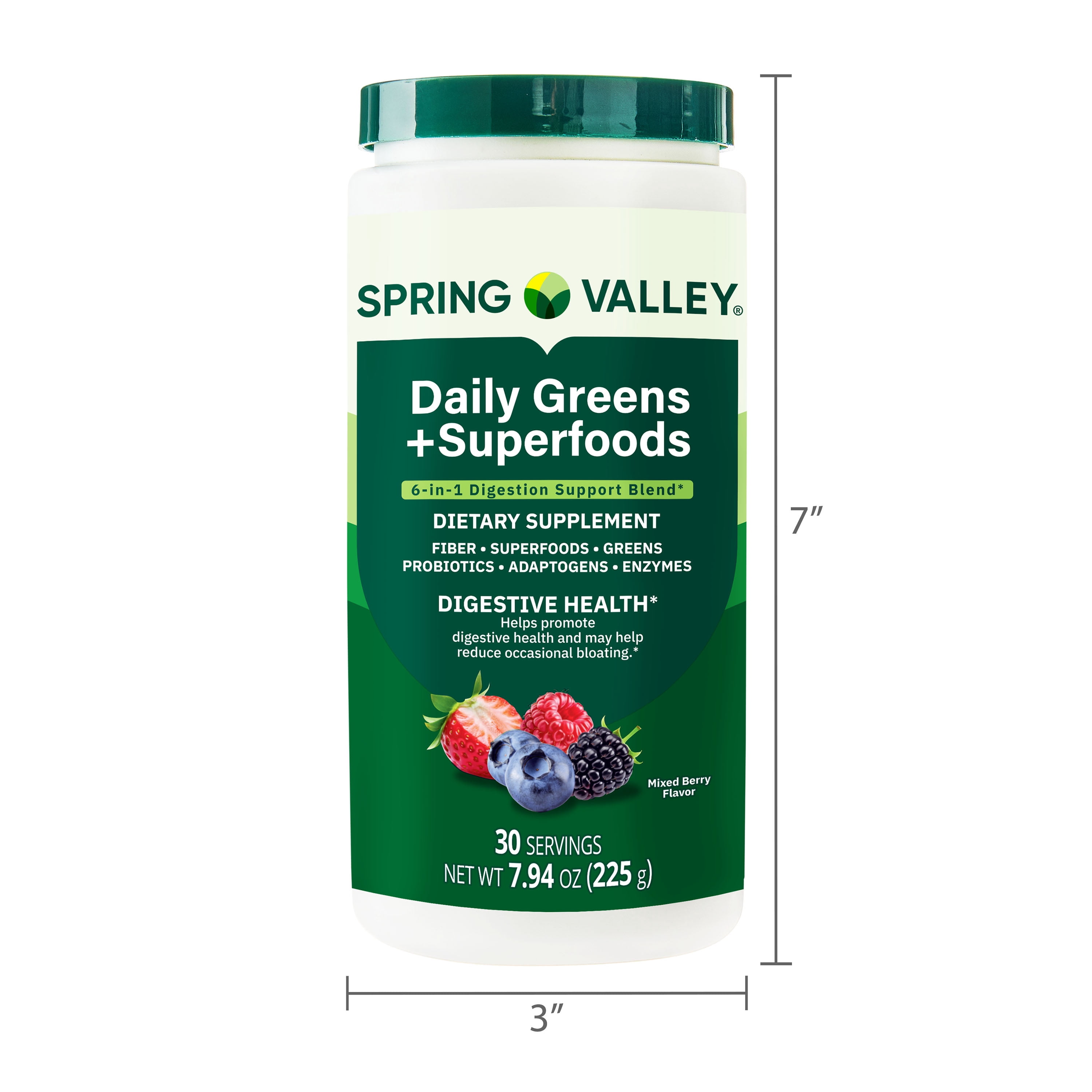 Spring Valley Daily Greens + Super Foods Digestive Health Dietary Supplement, Mixed Berry Flavor, 30 Servings, 7.94 oz