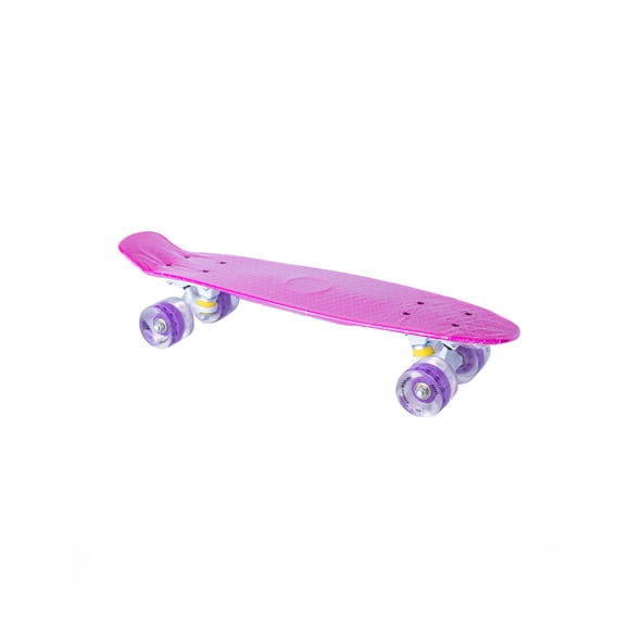 Patineta semiprofesional minicruiser tipo penny con deck fucsia, trucks blancos y ruedas moradas transparentes Display Penny minicruiser