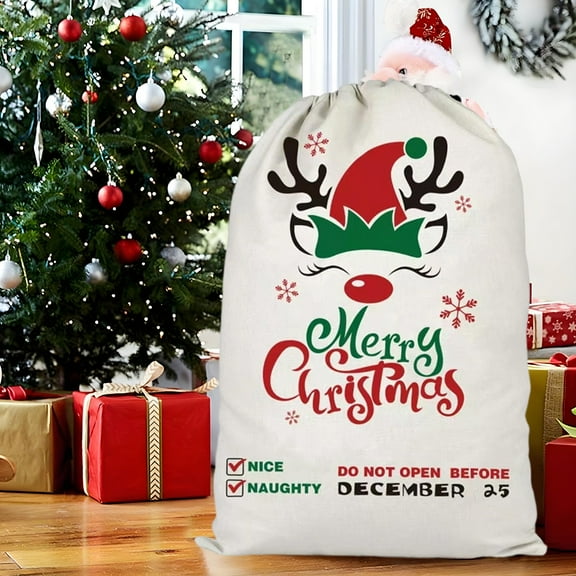 Christmas Deer Sack Bag, 28" x 20" Extra Large Gift Bags, Retro Canvas Storage Bags, Cotton Drawstring Bags, Xmas Gift Favor Bags, Xmas Gift Pouch Bag, Party Supplies Favors (Reindeer Elk,Green)