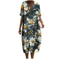 thumbnail image 1 of yoeyez Robe Maxi en Lin pour Femmes, Robes en Coton Lin Imprimé Floral Col en V Manches Courtes Robe Midi Ample d'Été Boho Plage Bleu Foncé,m, 1 of 5