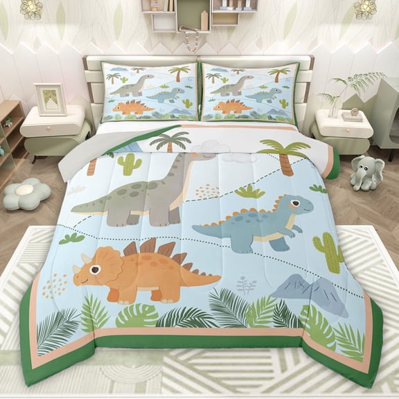 jejeloiu Kawaii Dinosaur Twin Comforter Sets,Hawaii Coconut Tree Bedding Set For Dino Boys Reversible 2 Pieces