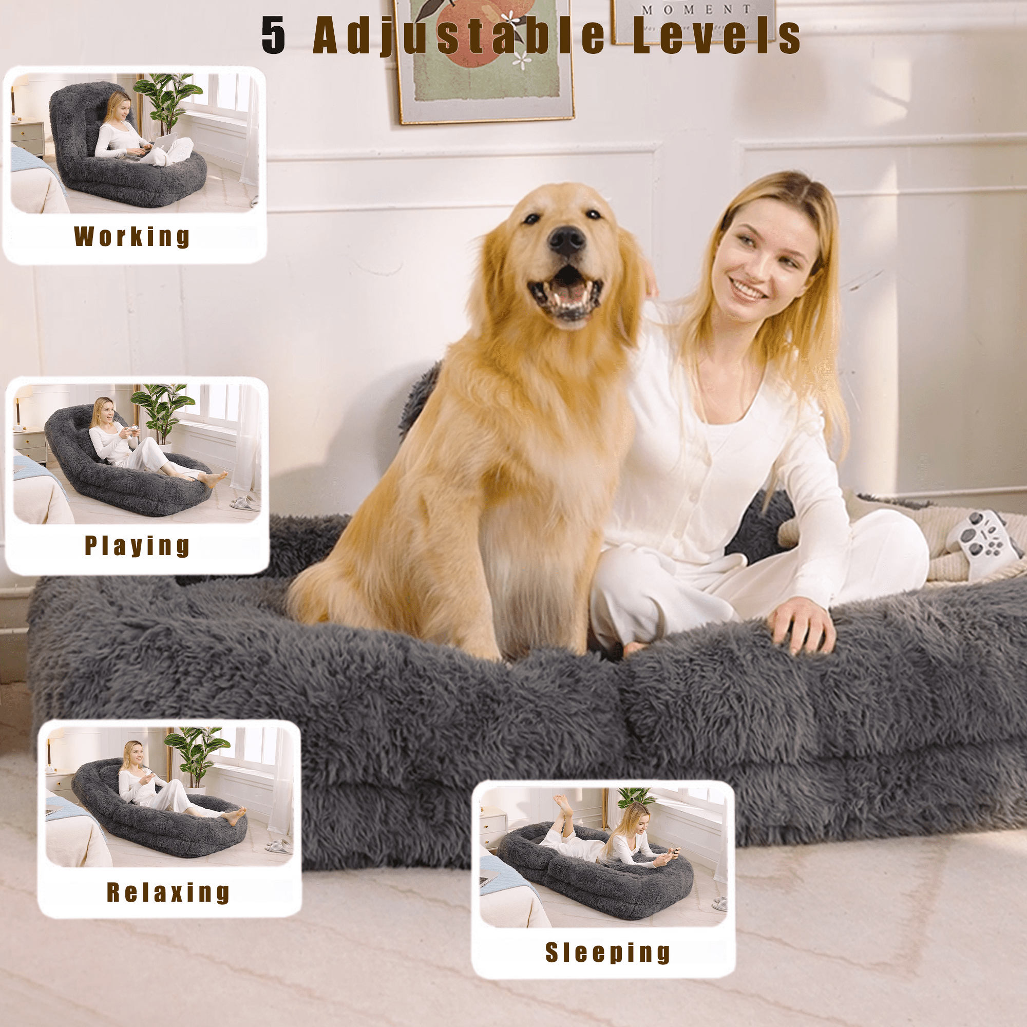 Human Dog Bed,Lazy Sofa,5-Position Adjustable Convertible,Floor Gaming Chair,bedroom, living room,Suitable for gaming, meditation,relaxation,Plush Fabric,Dark Gray